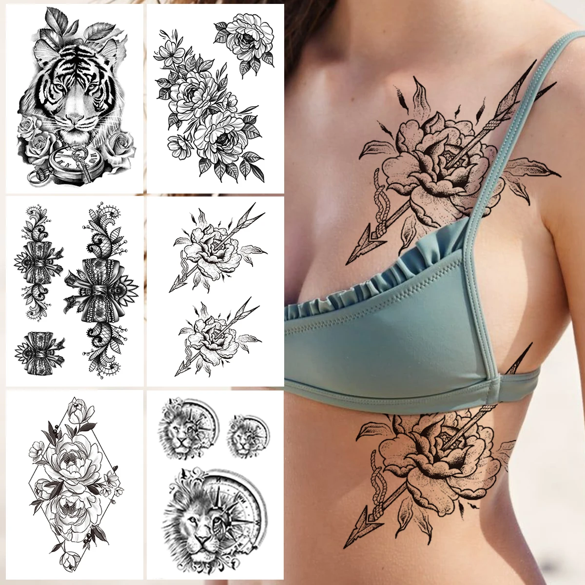 

Arrow Peony Flower Temporary Tattoos For Women Girls Tiger Compass Lion Tattoo Sticker Fake Geometric Black Waist Tatoos Chest