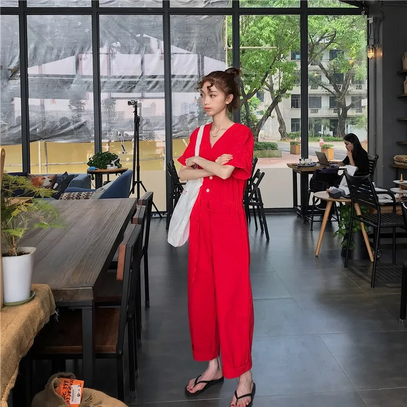 2019 Women Shirt V Neck Plus Size Jumpsuit Solid Button Drawstring Half Sleeve Playsuits Loose Lace Up Pockets Casual Rompers
2019 Women Shirt V Neck Plus Size Jumpsuit Solid Button Drawstring Half Sleeve Playsuits Loose Lace Up Pockets Casual Rompers