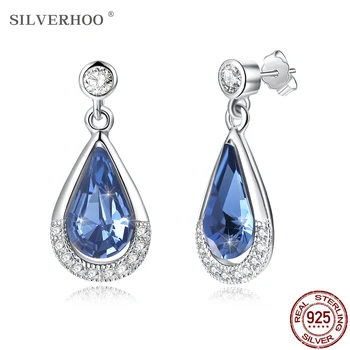 

SILVERHOO S925 Sterling Silver Waterdrop Crystal Drop Earrings Classic Austria Royal Blue Crystal Earrings Anniversary Jewelry