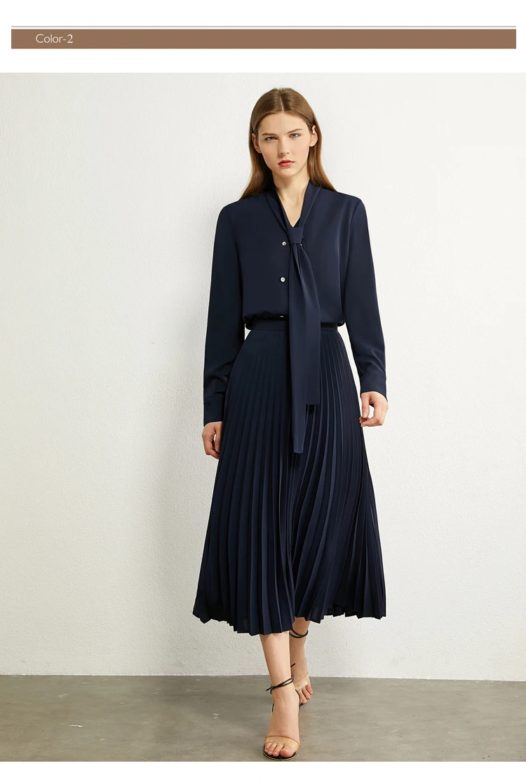 AMII Minimalism Autumn Olstyle Set Fashion Bow Neck Full Sleeve Loose Women Shirt High Waist Pleated Female Skirt 12040337