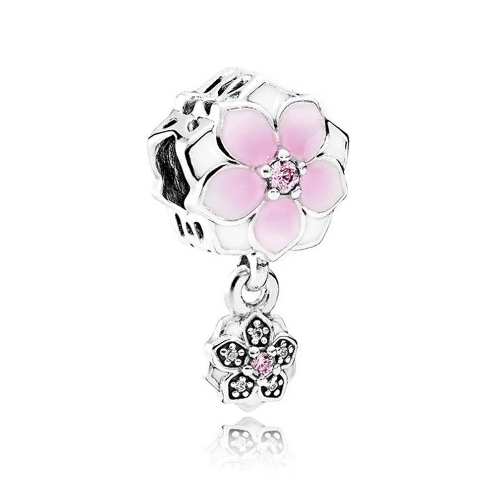 

Authentic 925 Sterling Silver Bead Rose Pink Magnolia Bloom Flower Charm Fit Pandora Women Bracelet Bangle Gift DIY Jewelry