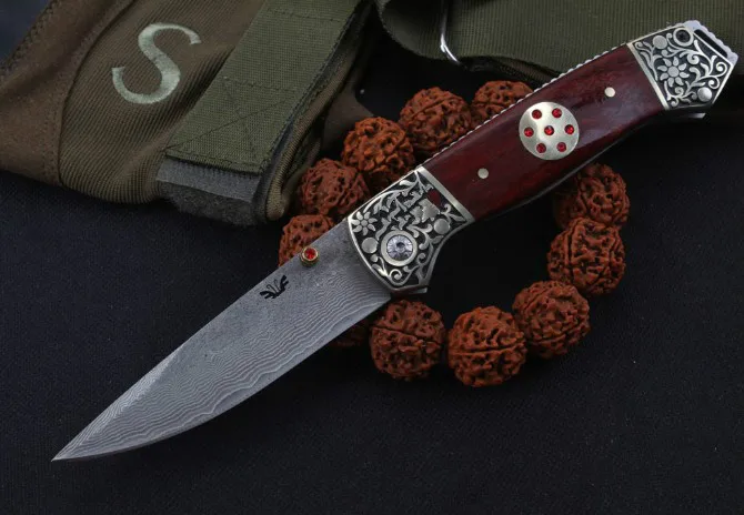 New Damascus Steel Blade Imitation ruby crystal+rosewood Handle Camping Knives Survival Hunting Tactical Quickly Open EDC Tool