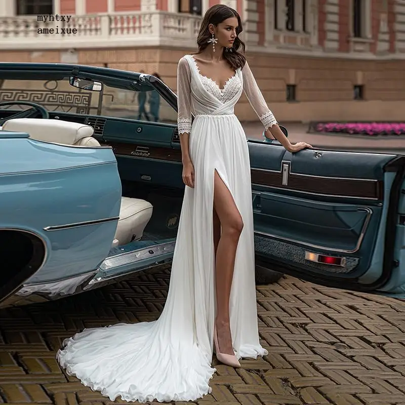 Vestido De Noiva Fashion Boho Slit Chiffon Sexy Wedding Dress 2023 High Quality V-neck Sweep Train Backless Bridal Gowns
Vestido De Noiva Fashion Boho Slit Chiffon Sexy Wedding Dress 2023 High Quality V-neck Sweep Train Backless Bridal Gowns
