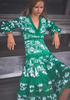 Fashion Flower Embroidery Women Dress Elegant V-Neck Long Sleeve Cascading Ruffle Dresses M0317 
Fashion Flower Embroidery Women Dress Elegant V-Neck Long Sleeve Cascading Ruffle Dresses M0317