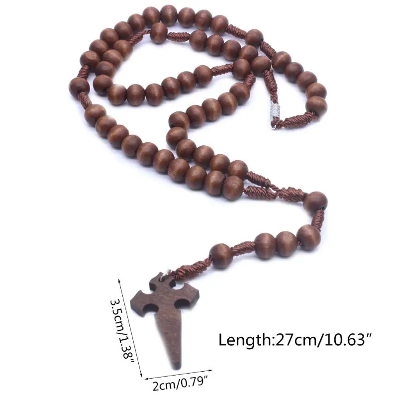 

Jesus Wooden Prayer Beads 6mm Rosary Cross Necklace Pendant Woven Rope Chain Jewelry Accessories Church Supplies