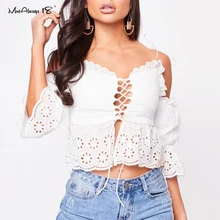 Mnealways18 Sexy évider épaule froide haut femmes broderie Boho à volants floraux Blouse blanche à lacets à volants plage coton chemise(China)