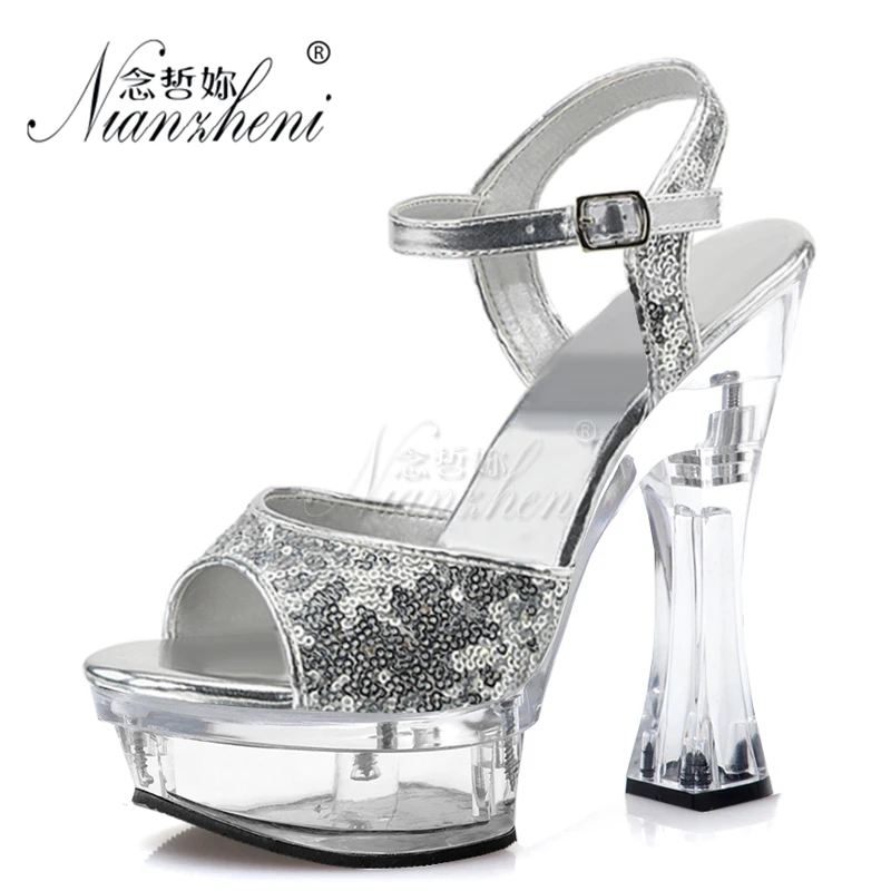 

Crystal Spool heels Bling Shallow Open Toe Womens Sandals Coarse heel Big Size 14CM Super High heeled shoes 6 inches Party Dress