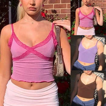 Women Sexy Tank Tops Sweet Spaghetti Strap Deep V With Lace Tops Y2k Summer Ribbed Backless 90s Bule Crop Tops Streetwear Vest 
Women Sexy Tank Tops Sweet Spaghetti Strap Deep V With Lace Tops Y2k Summer Ribbed Backless 90s Bule Crop Tops Streetwear Vest