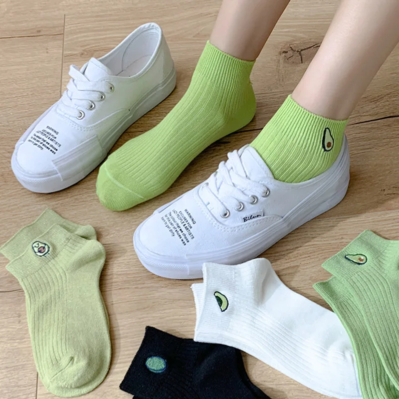 

Women Solid Avocado Embroidery Socks Casual Joker Cotton Short Socks For Ladies Concise College Style Breathable Sox Trendy