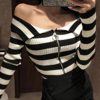 Sexy Zipper Off Shoulder Sweater Women Striped 2020 Spring Autumn Female Knitted Sweater Cardigans Long Sleeve Chic Korean Top
Sexy Zipper Off Shoulder Sweater Women Striped 2020 Spring Autumn Female Knitted Sweater Cardigans Long Sleeve Chic Korean Top