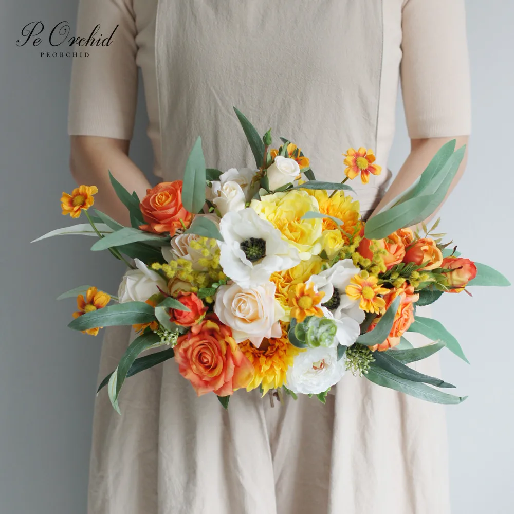 

PEORCHID Orange Yellow Bouquet Bride Hand Hold flower Artificial Rose Sunflower Bridal Wedding Bouquet Vintage