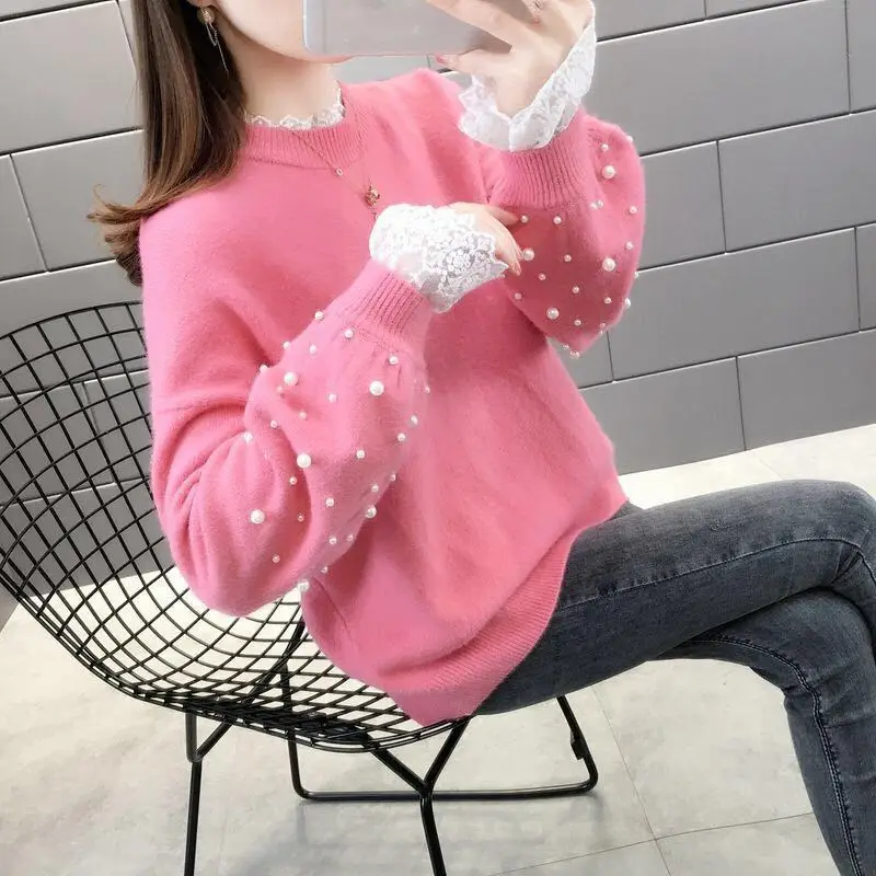 2022 New Round Neck Pullovers Loose Lace Sweater Beaded Jumper Korean Fake Two-piece Sweater Women's Jacket Knitting Tops Y620
2022 New Round Neck Pullovers Loose Lace Sweater Beaded Jumper Korean Fake Two-piece Sweater Women's Jacket Knitting Tops Y620