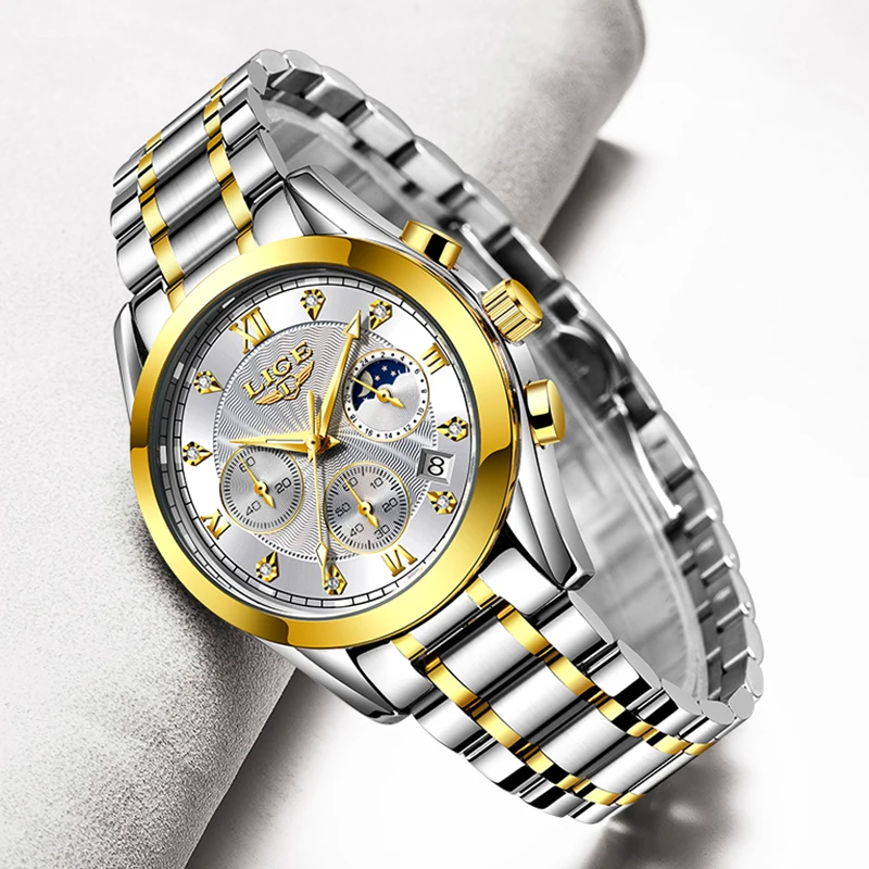 Часы наручные LIGE женские золотистые креативные водонепроницаемые с браслетом из