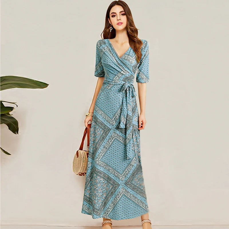 Women Summer Dress V-neck Print Ladies Short Sleeve Slim Casual Sashes Long Dresses Vestiods
Women Summer Dress V-neck Print Ladies Short Sleeve Slim Casual Sashes Long Dresses Vestiods