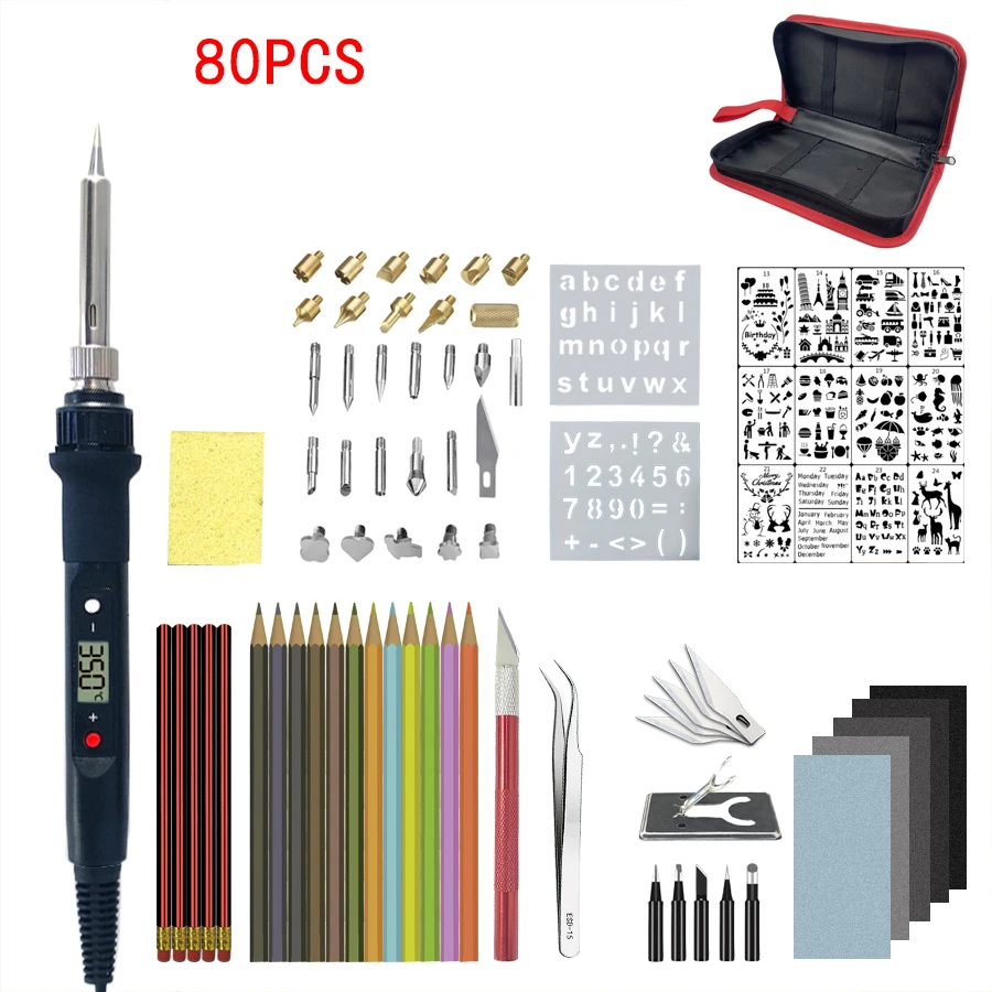 80W Electric Soldering Iron Carving Pyrography Tool 80pcs Wood Burning Embossing Soldering Pen Set Temperature Adjustable
80W Electric Soldering Iron Carving Pyrography Tool 80pcs Wood Burning Embossing Soldering Pen Set Temperature Adjustable