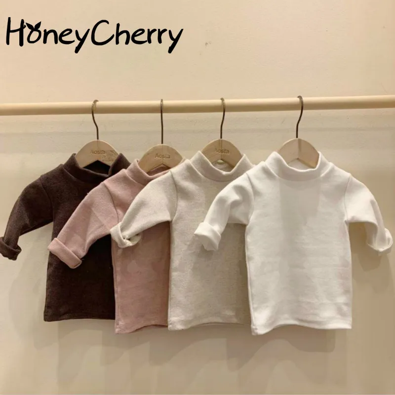 

Camiseta infantil coreana con capa Base interior de algodón sólido medio cuello alto manga larga Simple superior ropa para niña bebé