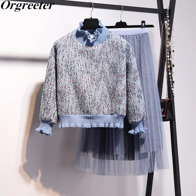 Autumn New Women Mesh Skirt Sweater Set Women Knit Tweed Weave Pullover Long Sleeve Tops +Shiny Pleated Mesh Skirt 2 Piece Sets
Autumn New Women Mesh Skirt Sweater Set Women Knit Tweed Weave Pullover Long Sleeve Tops +Shiny Pleated Mesh Skirt 2 Piece Sets