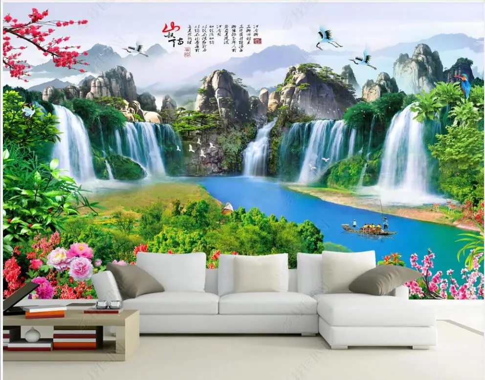 

Custom mural 3d photo wallpaper Chinese style mountain waterfall river flowers scenery home decor room wallpaper for walls 3 d