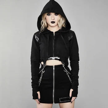 2019 Gothic Dark Style Girls Hooded Hoodies PU Patchwork Chains Halloween Tops Women Zipper Cropped Thumb Hole Sweatshirt
2019 Gothic Dark Style Girls Hooded Hoodies PU Patchwork Chains Halloween Tops Women Zipper Cropped Thumb Hole Sweatshirt