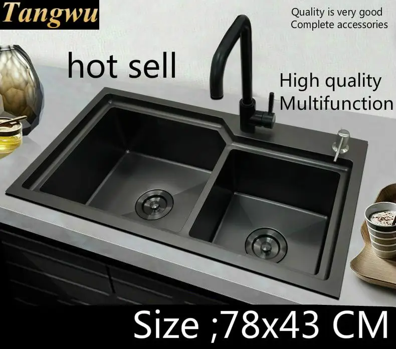 

Free shipping Apartment deluxe kitchen manual sink double groove durable 304 stainless steel the black color hot sell 780x430 MM