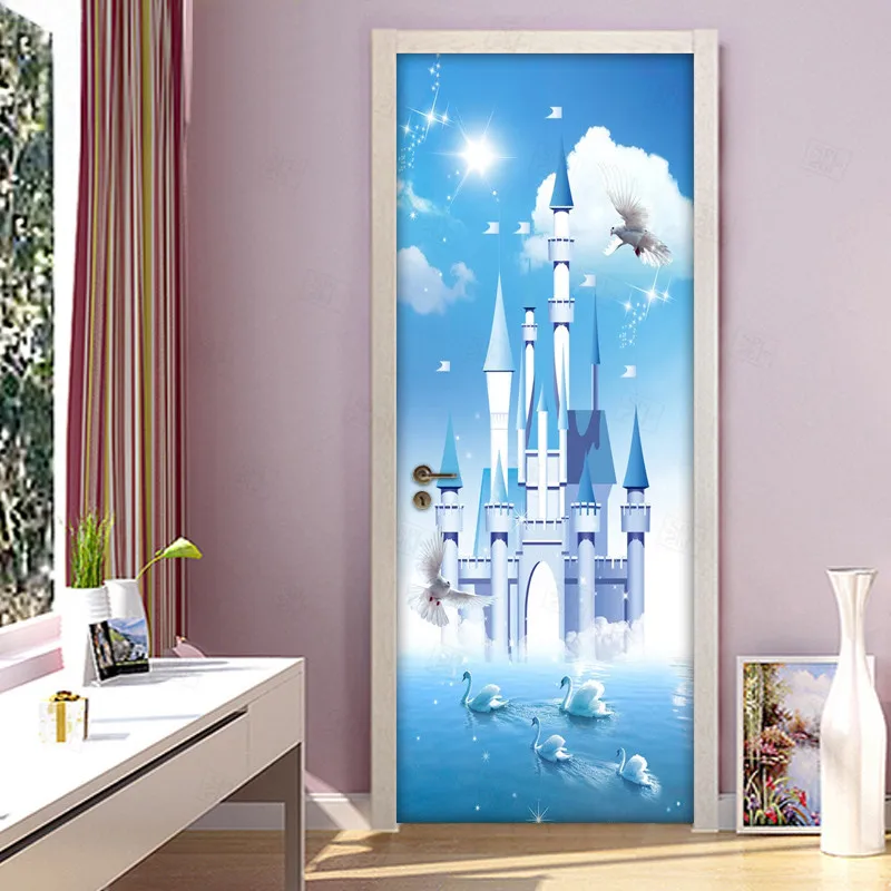 Blue-Sky-White-Clouds-Swan-Lake-Blue-Castle-3D-Children-Room-Bedroom-Door-Decoration-Sticker-Self (2)