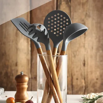 Modern Gray Kitchen Silicone Utensils Appliances Set Of Acacia Wood Shovel Handle 7 Pcs with Raw Wood Handle General Scraper
Modern Gray Kitchen Silicone Utensils Appliances Set Of Acacia Wood Shovel Handle 7 Pcs with Raw Wood Handle General Scraper