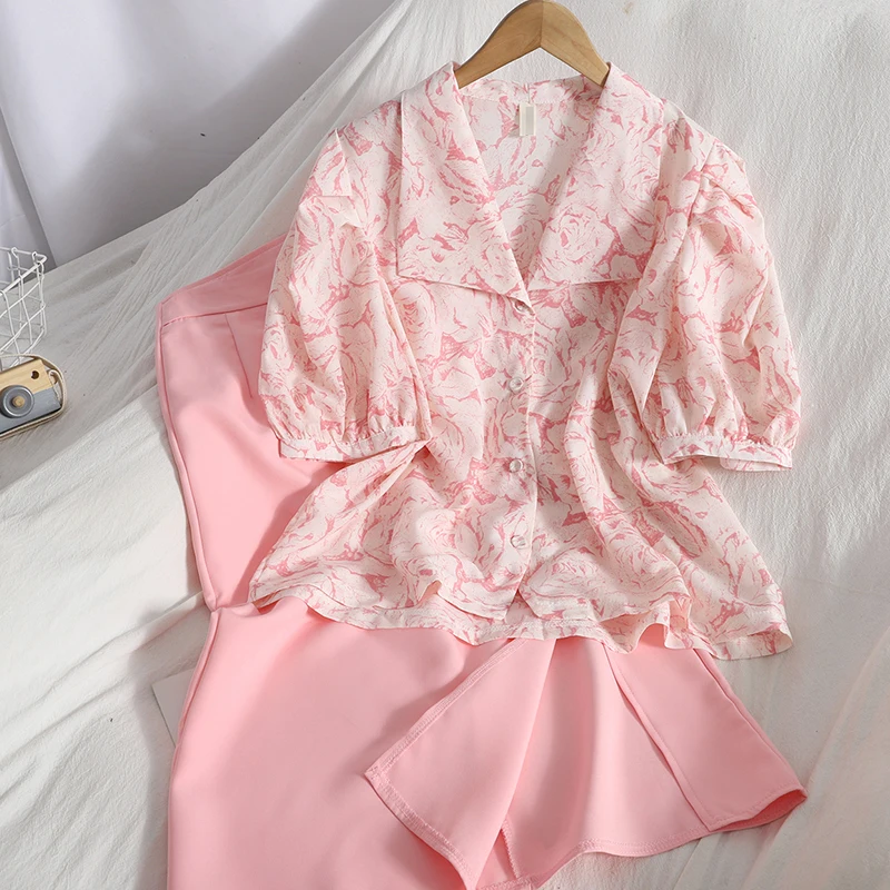 Sweet 2 Piece Set Women Outfits Puff Sleeve Shirt + Bodycon Long Skirts Sets Vintage Floral Print Blouse Skirt Two Suits |