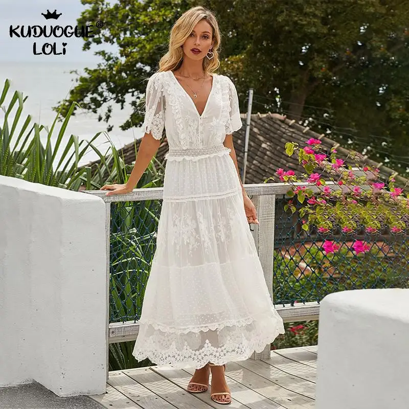 Summer Long Lace Dress For Women Casual V-neck Short-sleeve Stitching Pleated Girls Embroidered High Waist Sandy Beach Sundress
Summer Long Lace Dress For Women Casual V-neck Short-sleeve Stitching Pleated Girls Embroidered High Waist Sandy Beach Sundress
