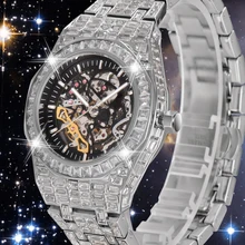 

Mechanical Watch Men Tourbillon Skeleton Automatic Mens Watches Full Diamond Bling AAA Big CZ Man Wristwatch Hip Hop Male Clock