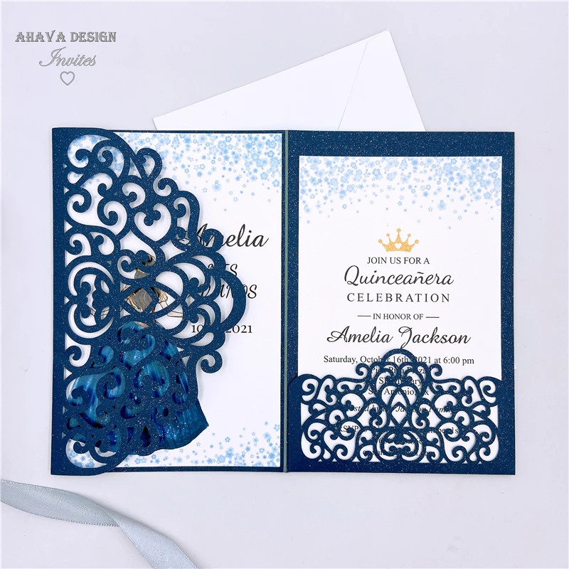 

Navy Floral Birthday Laser Cut Invitation, Quinceanera Invite Sweet 16 Invites With Envelope {Free Infinite Design Before Pay}