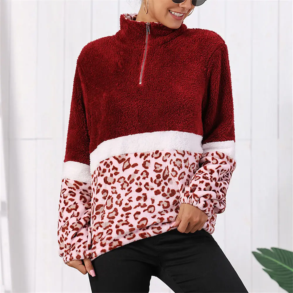 2019 Winter Leopard Teddy Fleece Sweater Fluffy Half Zipper Pullover Leopard Patchwork Stripe Sherpa Sweaters Women Streetwear
2019 Winter Leopard Teddy Fleece Sweater Fluffy Half Zipper Pullover Leopard Patchwork Stripe Sherpa Sweaters Women Streetwear