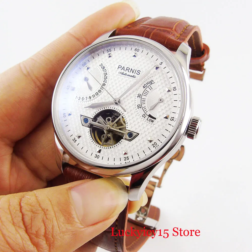 PARNIS 43mm Automatic Men Watch White Dial Date Function Deployment Clasp ST2505 Movement Power Reserve Indicator Leather Strap
PARNIS 43mm Automatic Men Watch White Dial Date Function Deployment Clasp ST2505 Movement Power Reserve Indicator Leather Strap