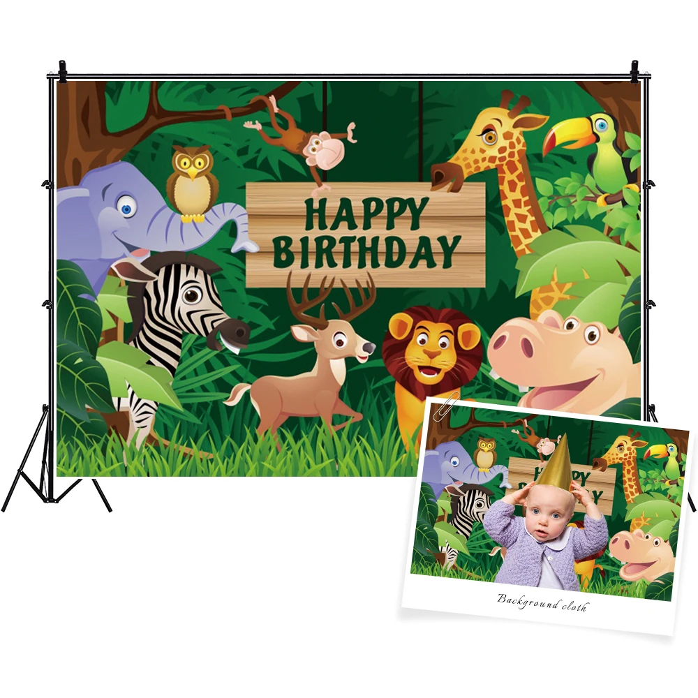 

Laeacco Birthday Wild Animals Jungle Party Baby Shower Child Portrait Photo Background Photography Backdrops for Photo Studio