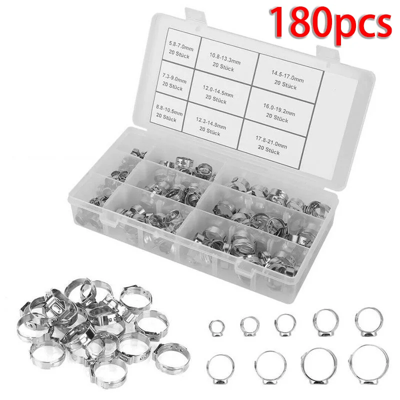 In Silver 180pcs/Set Stainless Steel In High Quality Single Ear Hose Clamp Clip Assortment Kit US Standard
In Silver 180pcs/Set Stainless Steel In High Quality Single Ear Hose Clamp Clip Assortment Kit US Standard