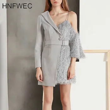 2019 Spring Woman Irregular Split Fur Tassel Sling Single Button Aymmetrical One Should Waistband Suit Dress Q148
2019 Spring Woman Irregular Split Fur Tassel Sling Single Button Aymmetrical One Should Waistband Suit Dress Q148