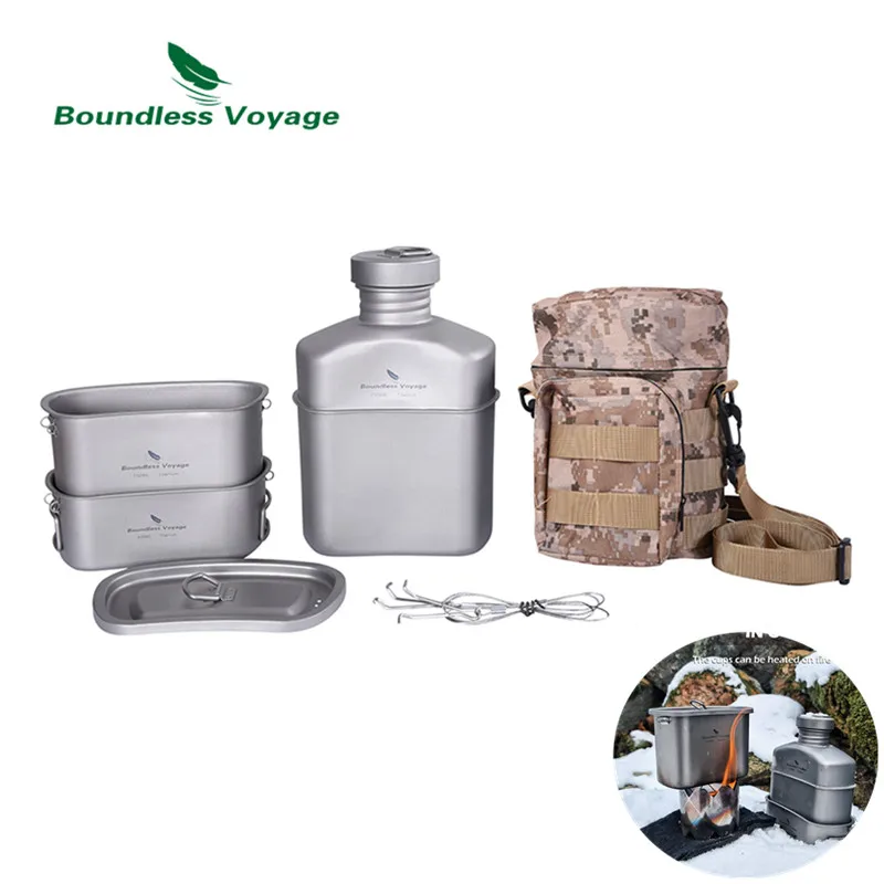 

Boundless Voyage Titanium Military Canteen 1100ml Water Bottle Kettle and 750ml & 400ml Bowl Pot Outdoor Camping Cookware Mess K