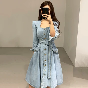New Spring Autumn Women Chic Blue Denim Dresses Elegant Casual Ladies Sashes Square Collar Single Breasted Pockets Slim Dress
New Spring Autumn Women Chic Blue Denim Dresses Elegant Casual Ladies Sashes Square Collar Single Breasted Pockets Slim Dress