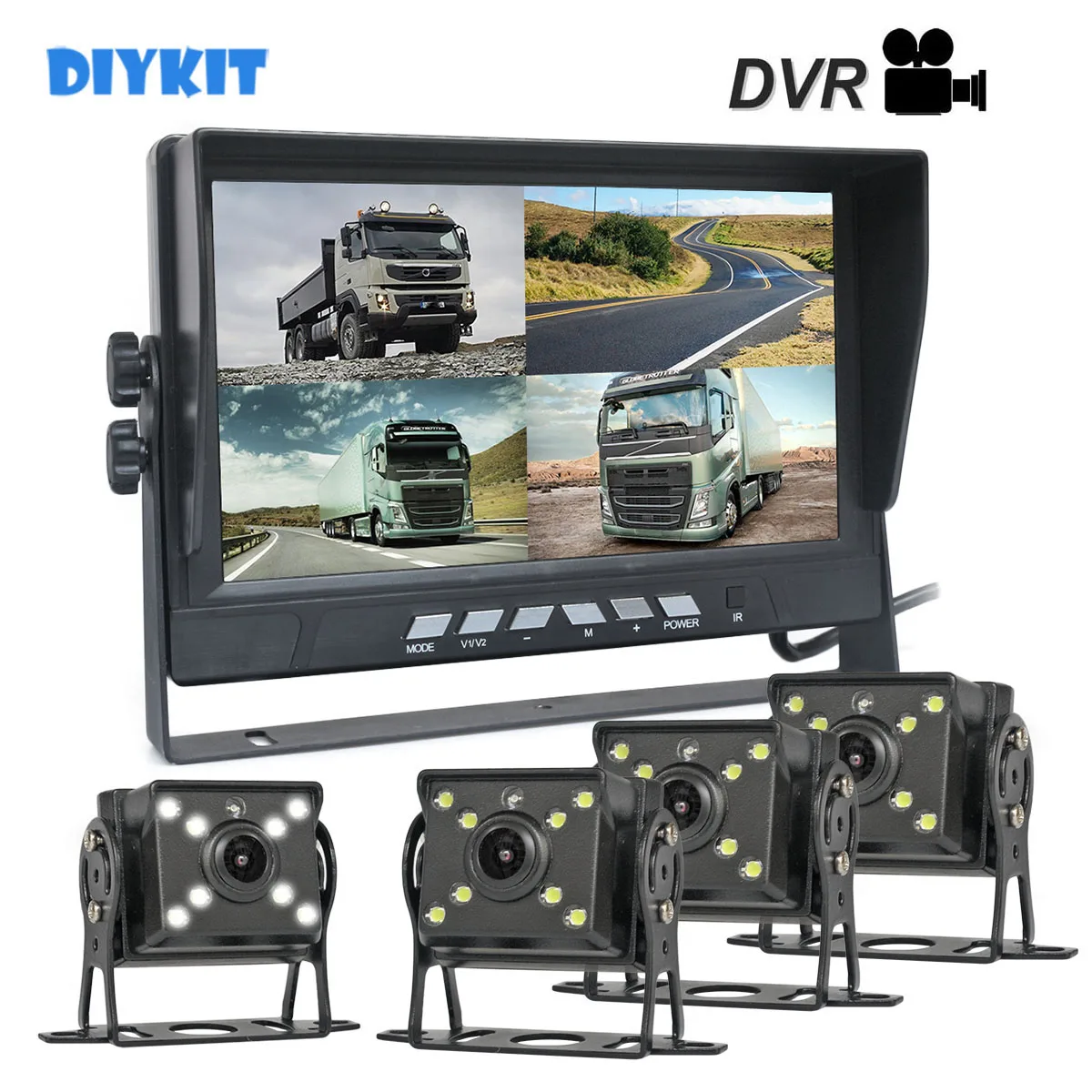 

DIYKIT 9inch AHD IPS Split QUAD Car HD Monitor 1280*720 AHD Night Vision Rear View LED Camera Waterproof with Video Recording