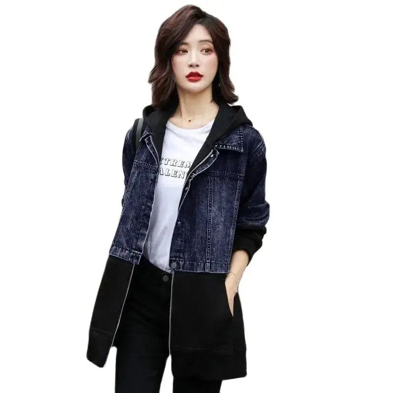 

Spring Autumn New Splicing Cowboy Women's Coat Mid Length Fashion Loose All-match Zipper Hooded Pocket Female Trench Jacket