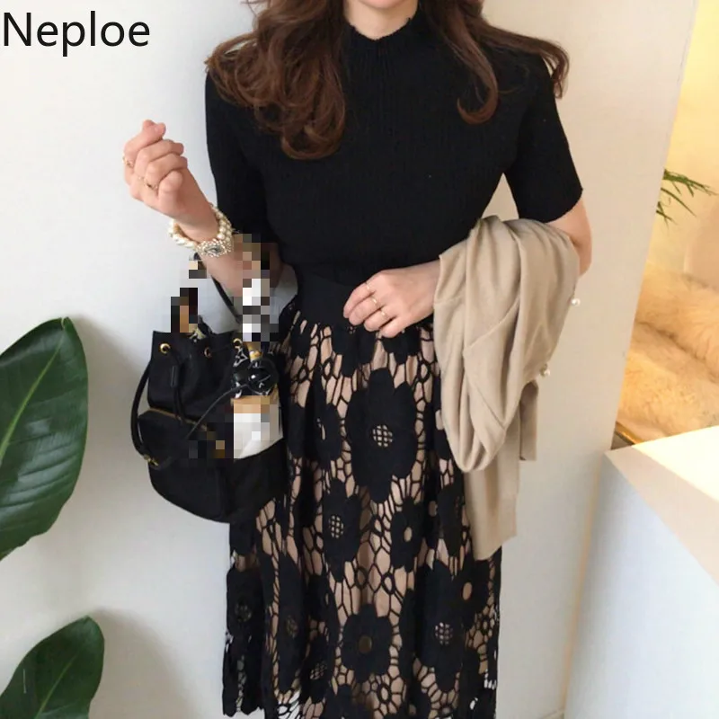 Neploe Korean Retro 2 Pcs Women Set O Neck Knit Pit Skinny Top + High Waist Hip Lace Hook Flower Skirt Summer Holiday Suit 49490 | Женская