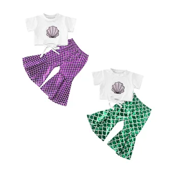 2-6Y Girls Fashion Shell Printed Lace up Short Sleeve Top +Cute Mermaid Fish Scales Bell-bottomed Pants Two Piece Set
2-6Y Girls Fashion Shell Printed Lace up Short Sleeve Top +Cute Mermaid Fish Scales Bell-bottomed Pants Two Piece Set