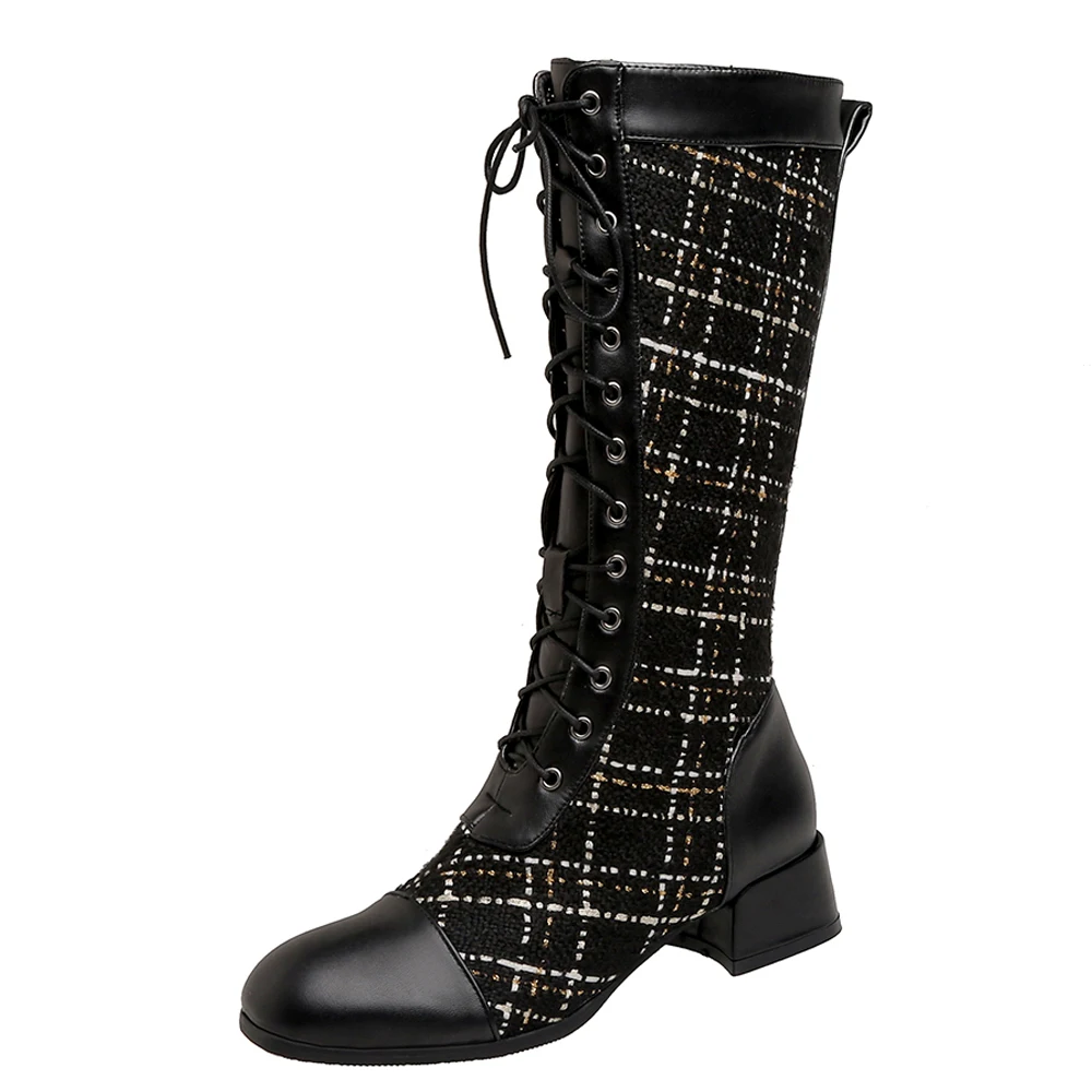 Plush Thick High-Heeled Cross-Lace Knight Boots Checkerboard Woven Tweed Lattice Imported Pattern Stitching PU Knee Boots
Plush Thick High-Heeled Cross-Lace Knight Boots Checkerboard Woven Tweed Lattice Imported Pattern Stitching PU Knee Boots