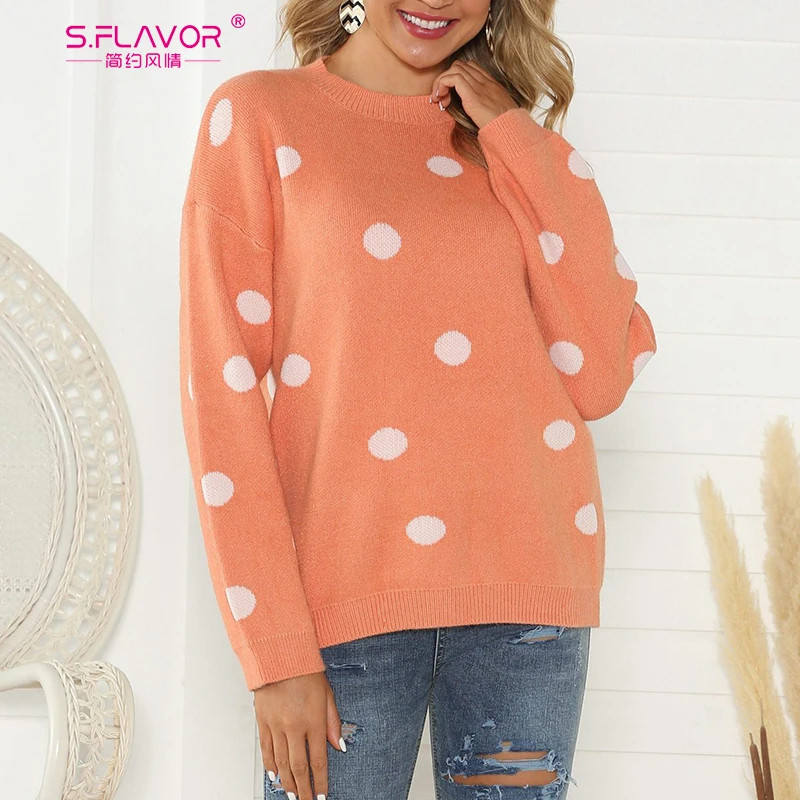 S. FLAVOR для женщин 2019 шикарный свитер в горошек джемпер осень зима О-образный вырез
