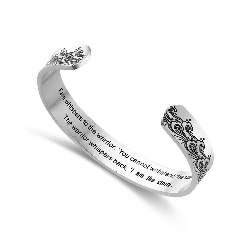 Hot wave pattern lettering Fate whispers to the warrior inspirational titanium steel bracelet
Hot wave pattern lettering Fate whispers to the warrior inspirational titanium steel bracelet