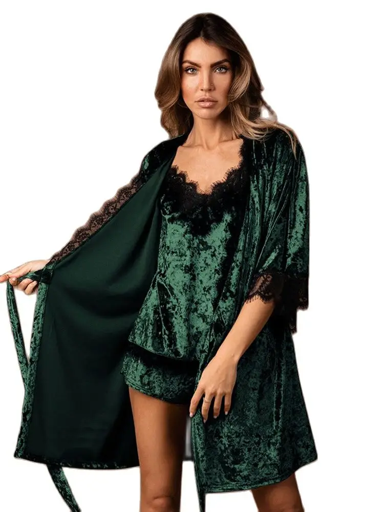 

Women's Pajamas Sets Velvet Nightgown Robe Pajama 3 Pieces Nightwear Sexy Lace Patchwork Suits With Shorts Bathrobes Sleepwear