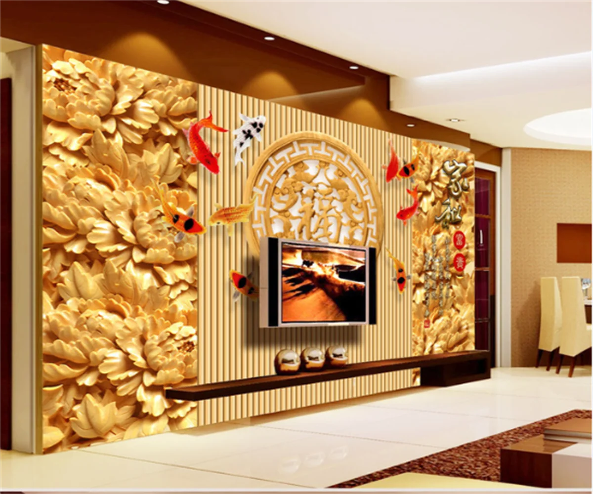 

Customize any size wallpaper mural Chinese style 3D woodcarver and rich living room background wall sticker wall mural papel