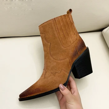 Leather Boots Women Genuine Pointed Toe Mid Heel Ankle Boots Thick Square Heel Slip On Western Boots Cowboy Boots Women 2019 New
Leather Boots Women Genuine Pointed Toe Mid Heel Ankle Boots Thick Square Heel Slip On Western Boots Cowboy Boots Women 2019 New