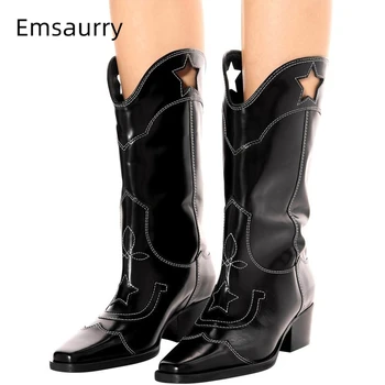 Fretwork Five-pointed Star Mid-calf Boots Women Square Heel Square Toes Embroidery Sewing Slim Runway Winter Botas Mujer
Fretwork Five-pointed Star Mid-calf Boots Women Square Heel Square Toes Embroidery Sewing Slim Runway Winter Botas Mujer