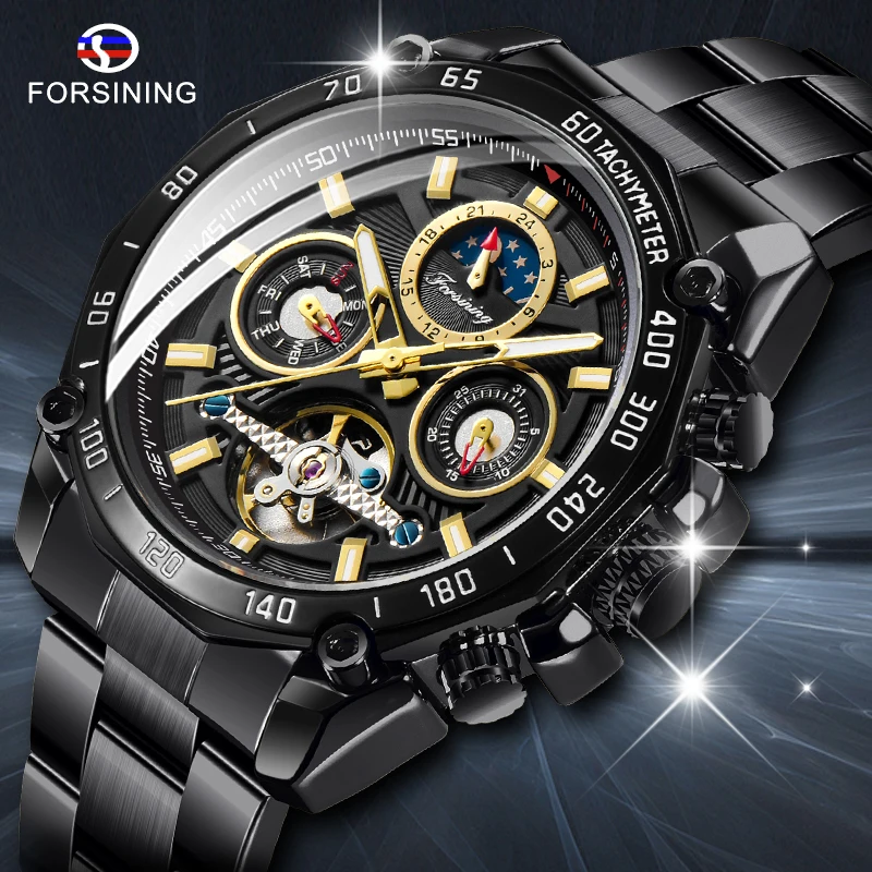 Forsining Brand Black Male Mechanical Watches Automatic Multifunction Tourbillon Moon Phase Date Racing Sport Steel Band Relogio
Forsining Brand Black Male Mechanical Watches Automatic Multifunction Tourbillon Moon Phase Date Racing Sport Steel Band Relogio