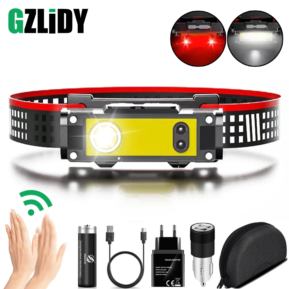 Powerful LED Headlamp with Motion Sensor Fishing Lantern USB Rechargeable 18650 Flashlight XPE+COB Waterproof Torch Headlight | Лампы и